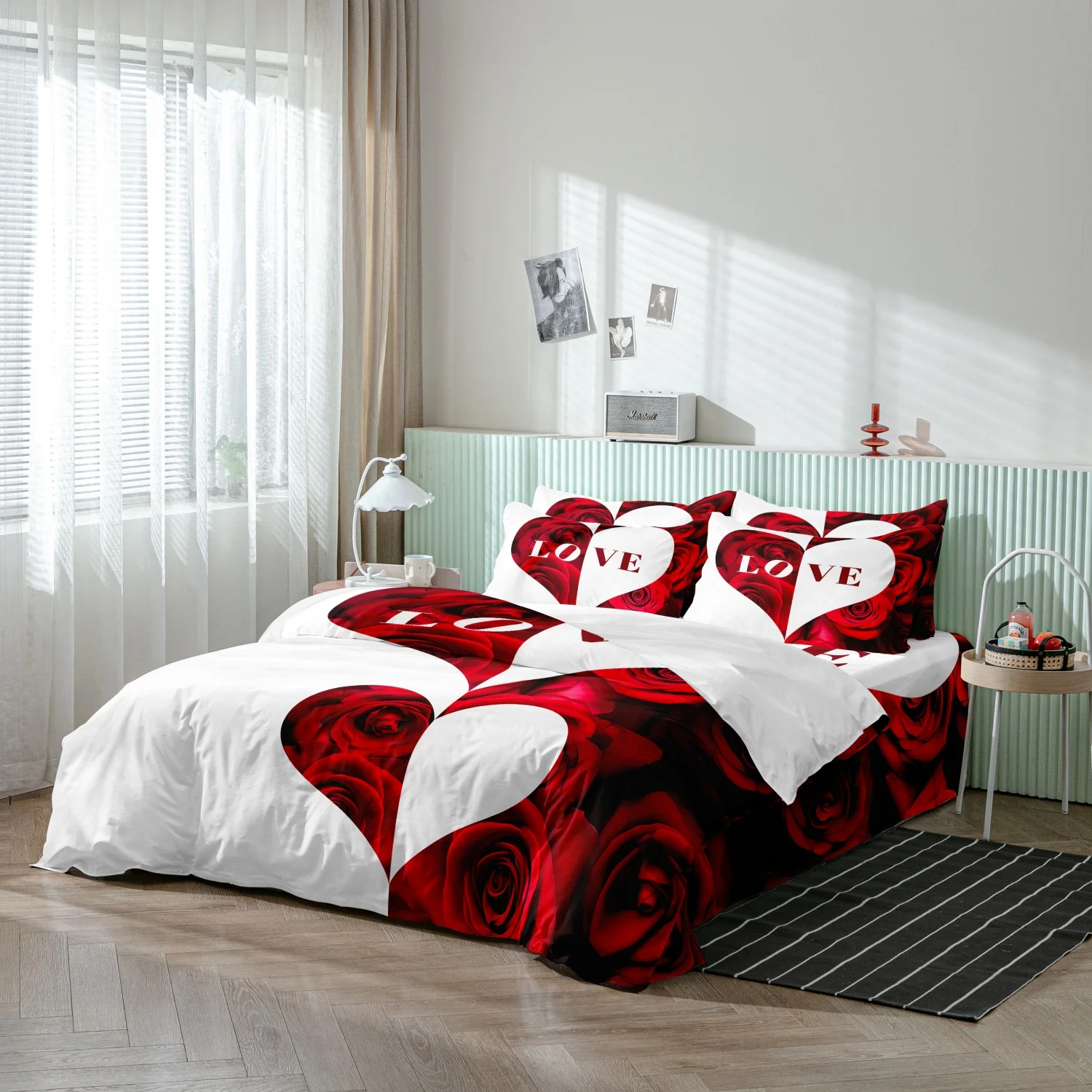 Red Rose Heart LOVE Letter Print 3Pcs Duvet Cover Set, Romantic Red Floral Heart Shape Print Bedding, Multiple Sizes Available
