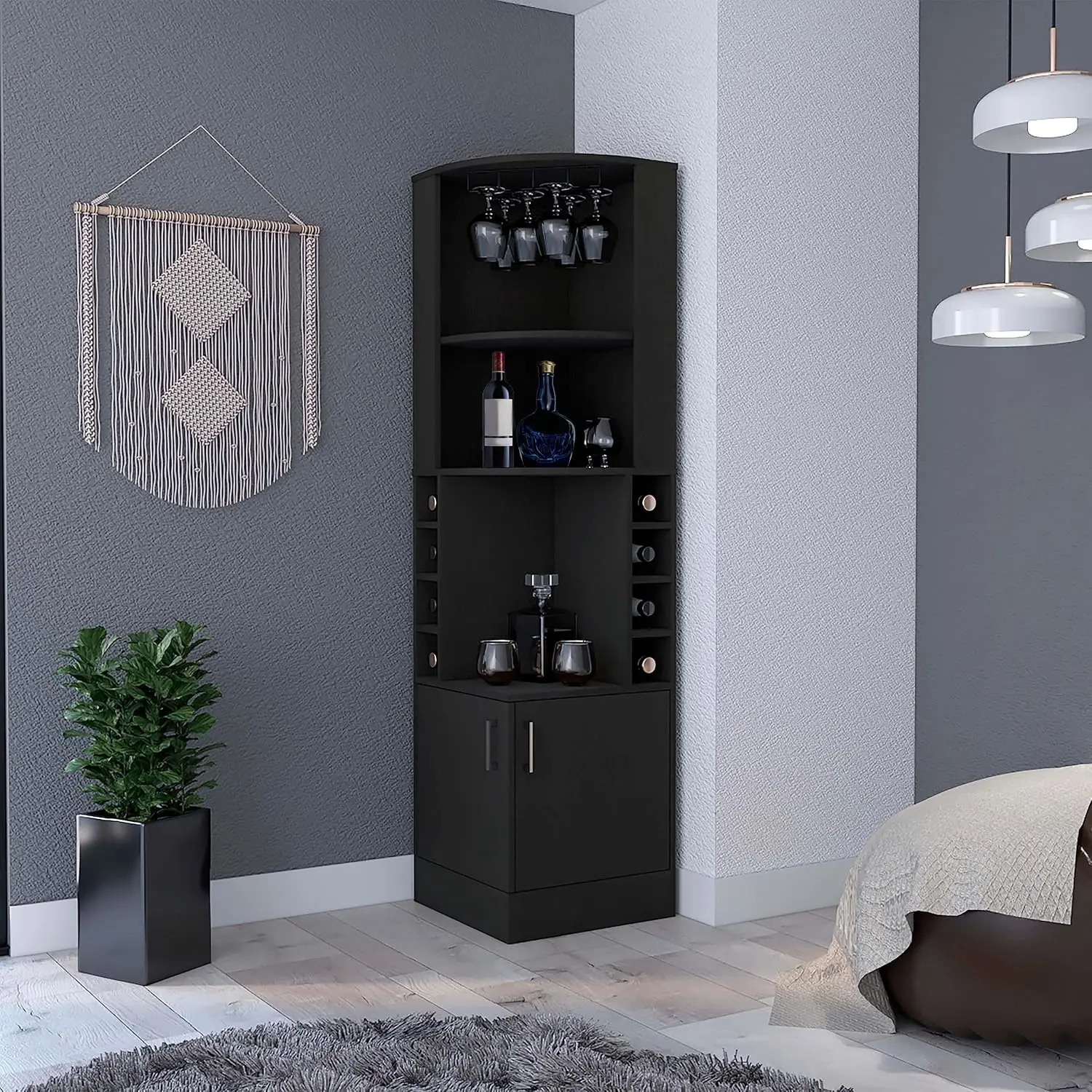 Corner Bar Cabinet 8 Wine Racks Glasses Holder Tall Liquor Storage Farmhouse Sideboard Doors Open Shelves Black, Customized
