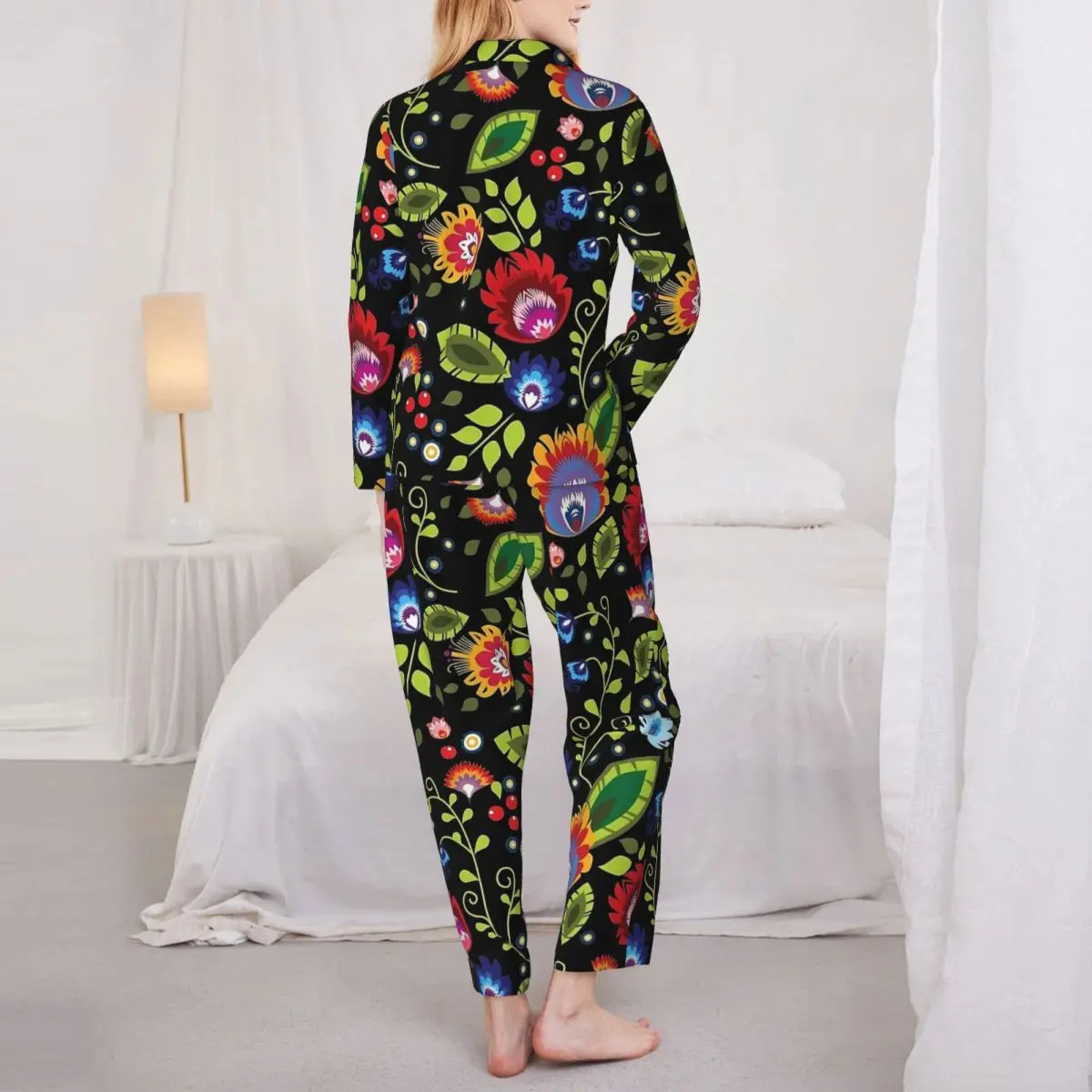 Folk Art Floral Print Pajamas Set Spring Soft Bedroom Sleepwear Female 2 Pieces Vintage Oversized Design Nightwear Gift Idea