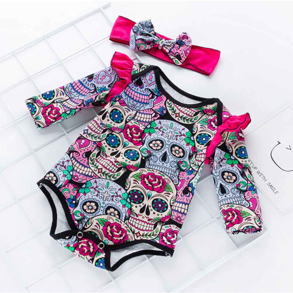 Newborn Baby Infant Skull Printed Clothing Cotton Climbing Clothes Casual Triangle Jumpsuit (Red, Size 80)