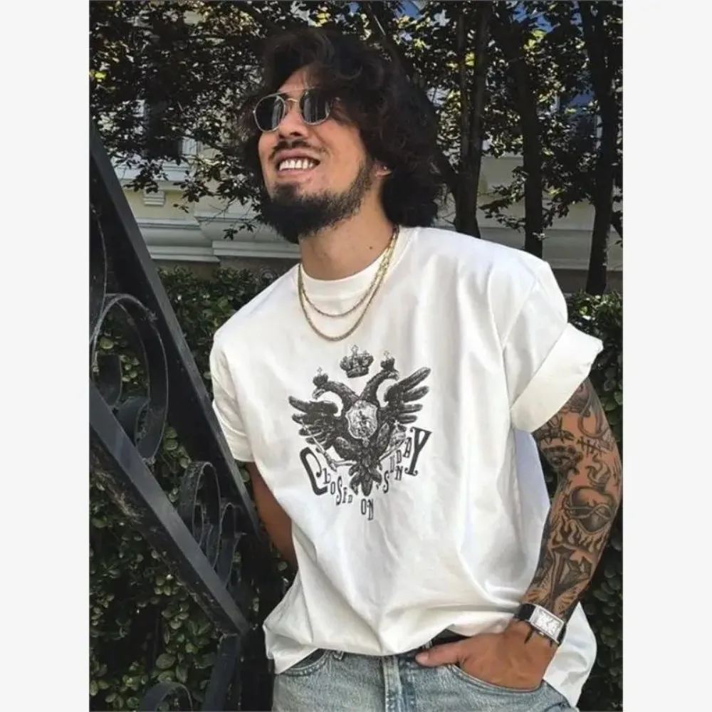 

Motorcycle American print loose men's short-sleeved T-shirt top trendy street style couple style short-sleeved hip-hop top