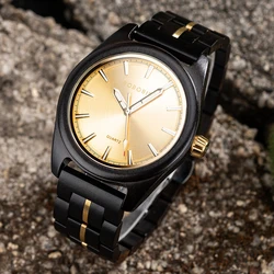 BOBO BIRD Ebony Men Wristwatch Top Japanese Quartz Movement Black Gold Wooden Watch Luminous Display With Strap Adjustment Tool