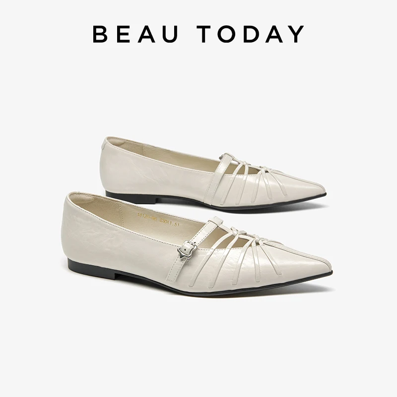 BEAU TODAY Mary Janes Women Соw Leather Pointed Ballet Hollow Out Buckle Strap Summer Ladies Flat Shoes Handmade 18120