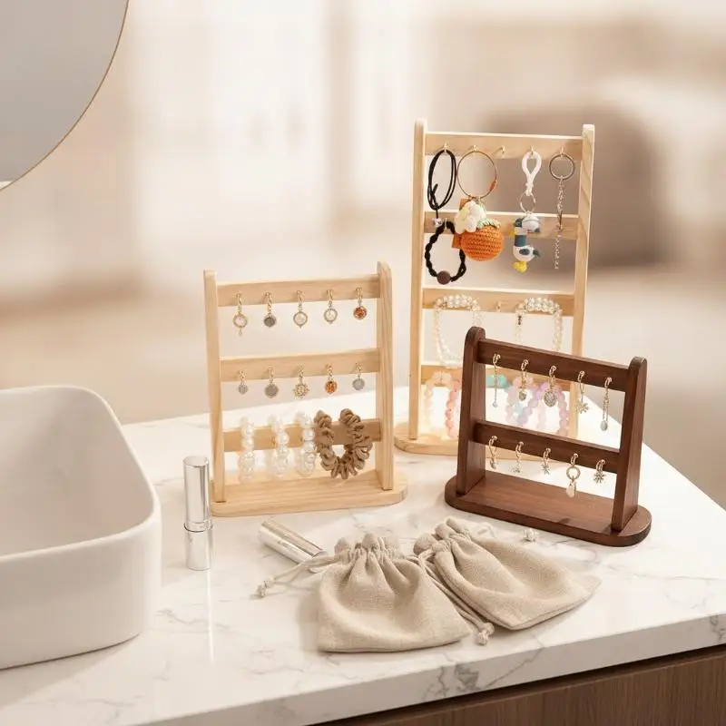 Wooden Multi Tier Jewelry Display Stand With Multiple Hooks For Keychains Bracelets Home Use Retail Vendors