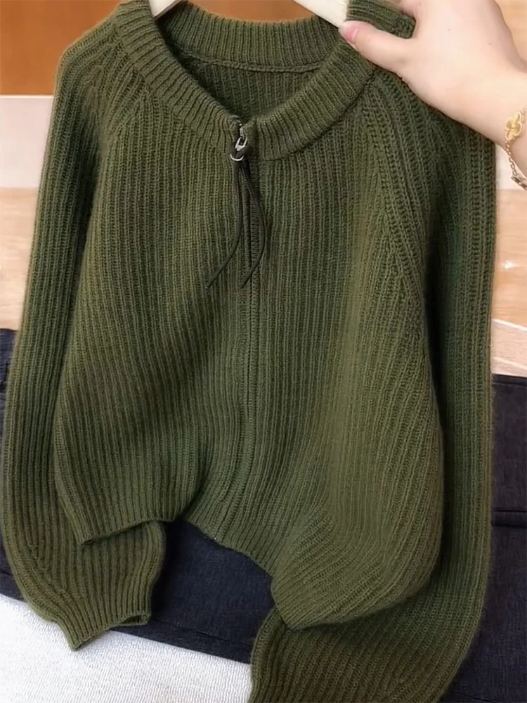 

Korean Sle Knitted Zipper Open Cardigan Autumn Winter plus Size Slimming Versatile Top High Quali Vintage Feel