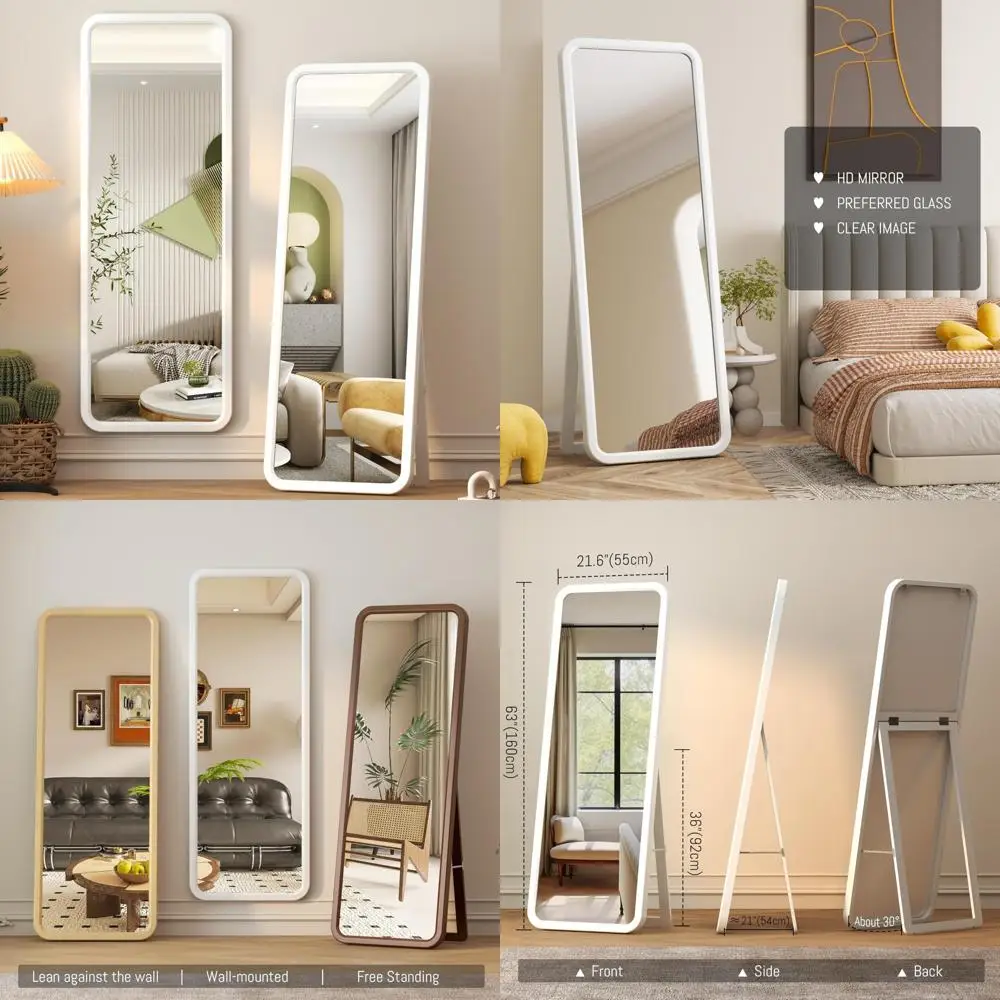 Large Solid Wood Floor/Wall-Mount Full Length Mirror with Wooden Frame, Free Standing Large Body Mirror Stand
