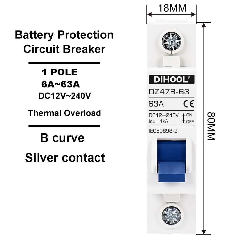 Battery Miniature Circuit Breaker DC Disconnect Switch 12V 24V 36V 48V 96V 240V Protector 10A 16A 20A 25A 32A 63A 100A 125A