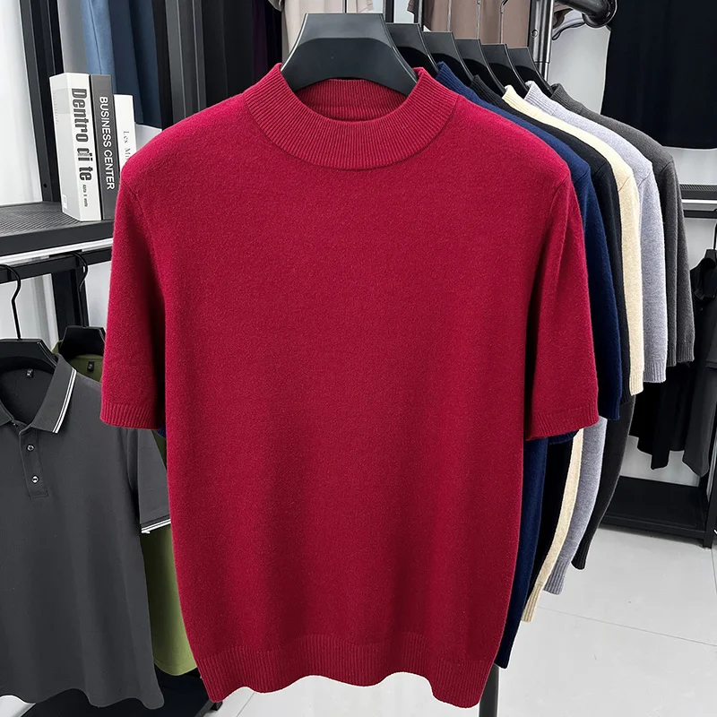 Herren Einfarbige Mock-Neck Kurzarm-Strick-T-Shirts Lässige Basis-Oberteile Weich Dehnbar Knitterfrei Für Alle Jahreszeiten Geeignet – Detail 22