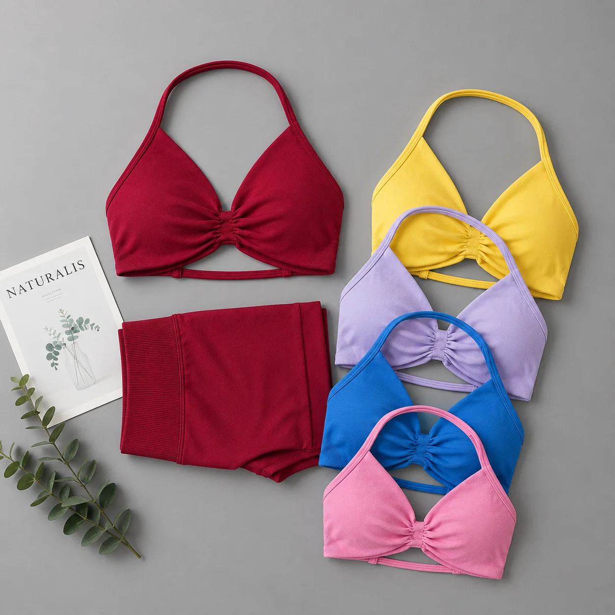 No Logo Women Yoga Set Strappy Sports Bra High Waist Scrunch Shorts Gym Workout Fitness Activewear Casual Streetwear Outfit