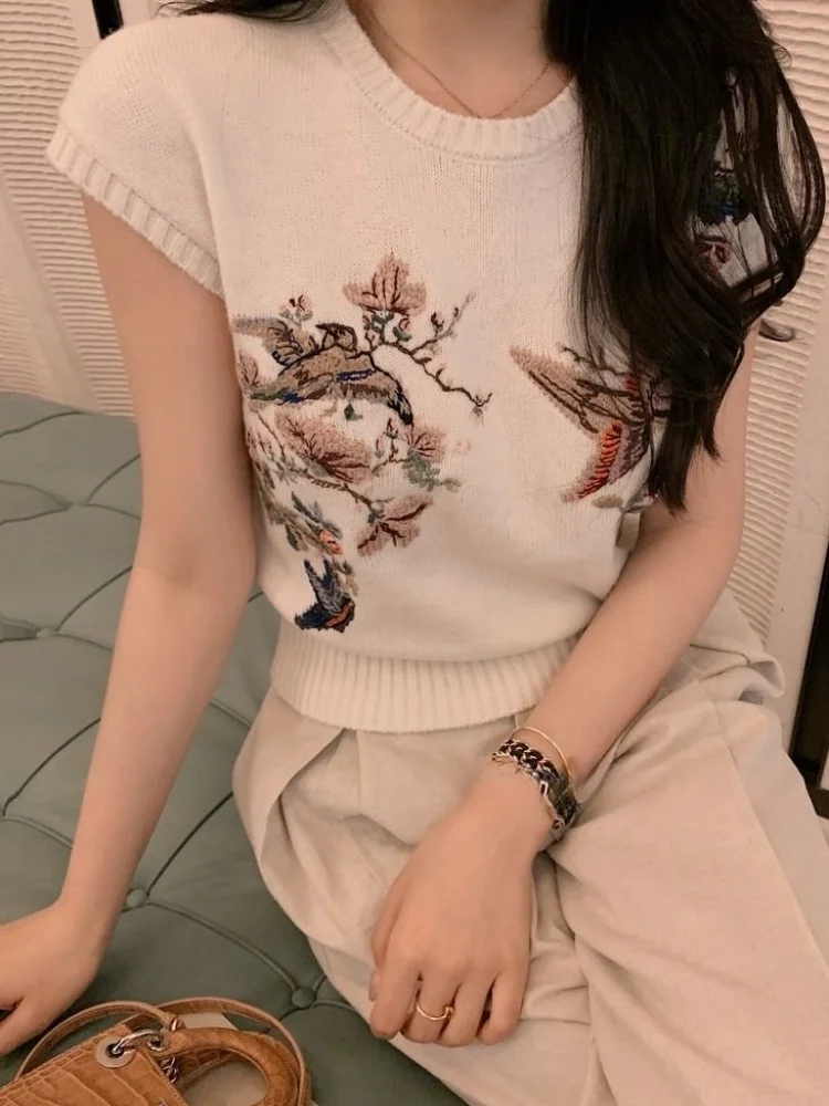 Summer Pullovers Women Chinese Style Embroidery Chic Cozy Literary Designed Leisure Gentle Lady College Short-sleeve Knitwear