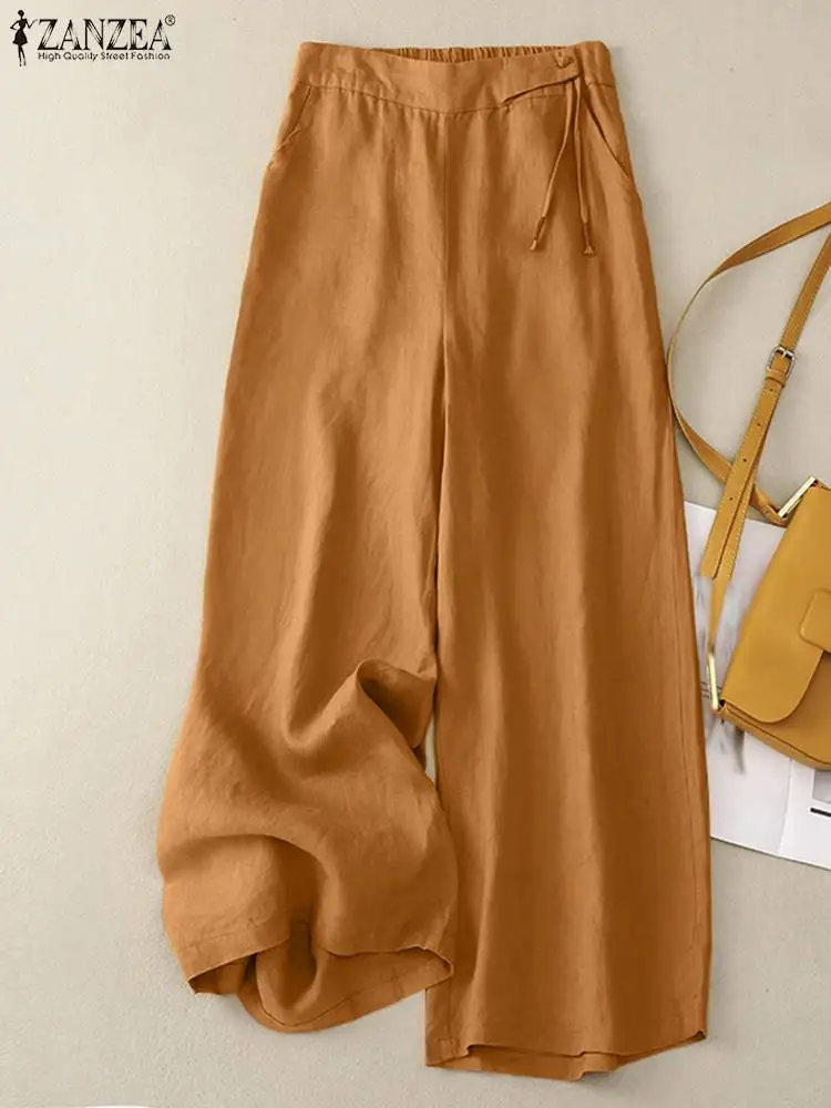 Summer Elastic Waist Solid Long Trousers 2024 ZANZEA Vintage Women Wide Leg Pants Work Pantalon Casual Loose Palazzo Oversize