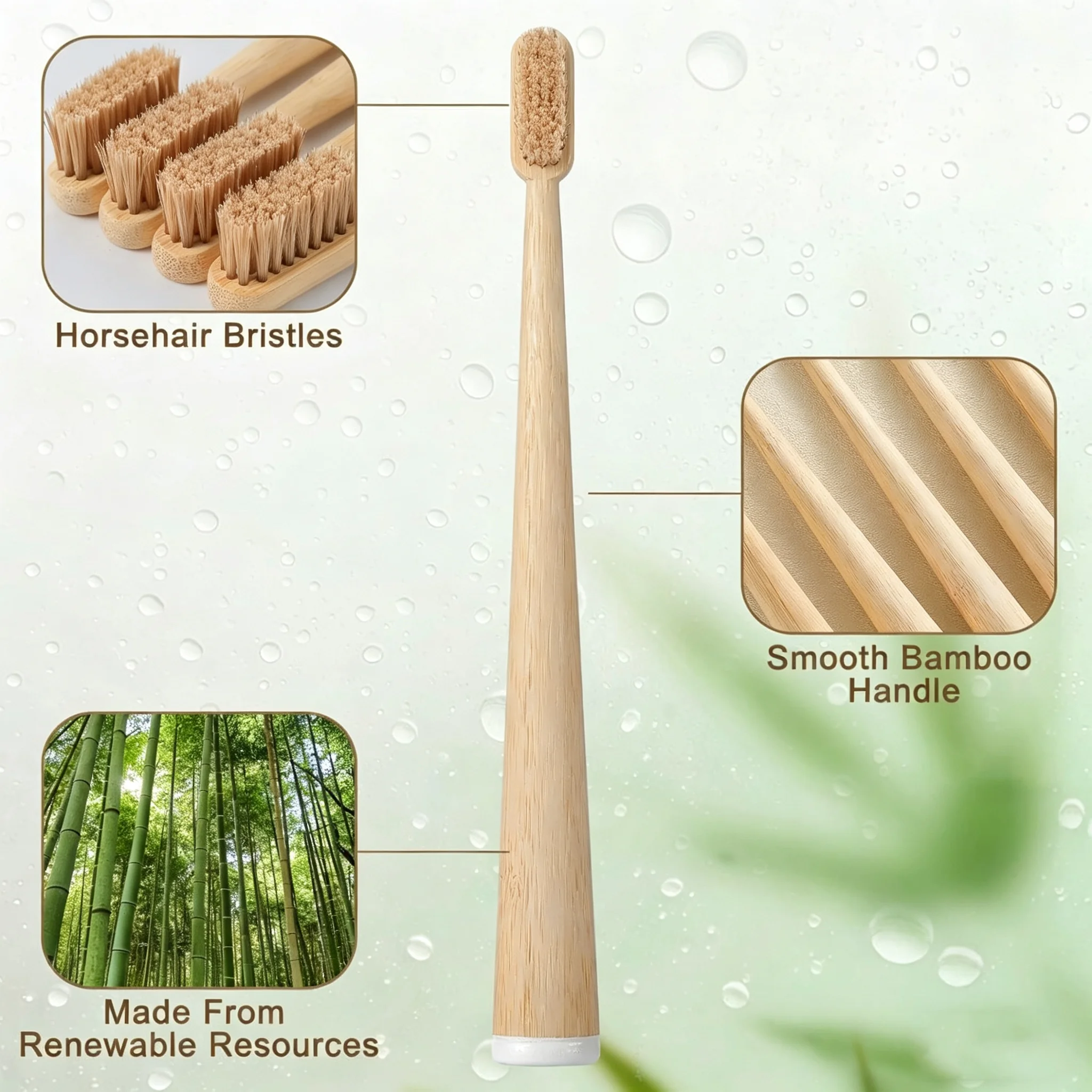 Plastic-Free Bamboo & Horse Hair Toothbrush Set - 50 Pack, 100% Compostable, Toxin-Free Soft Natural Horsehair for Sensitive Gum