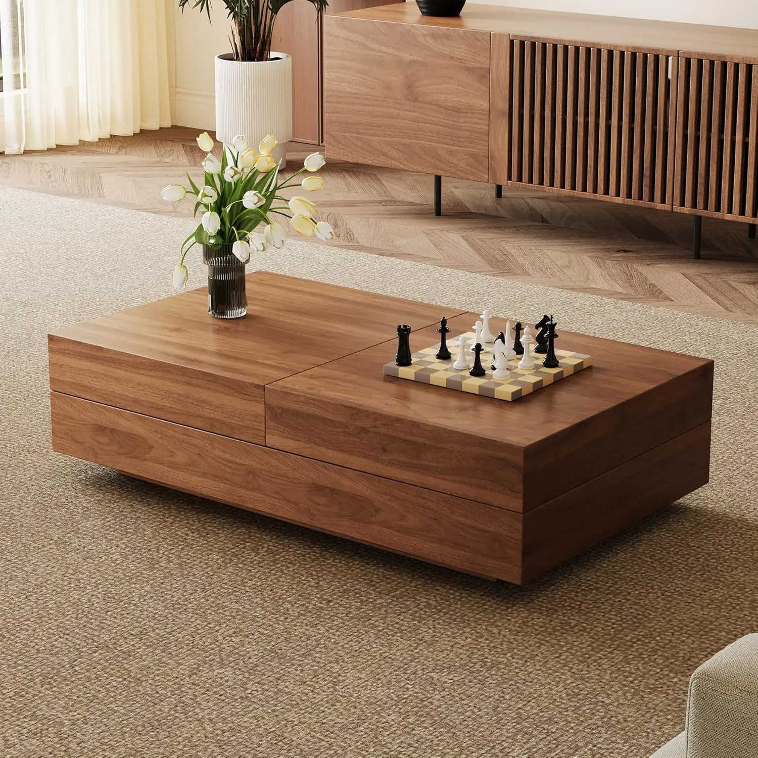 

Mid-Century Expandable Coffee Table with Storage – 47.2"-81.9" Adjustable Center Table for Living Room, Walnut Wood, Customized