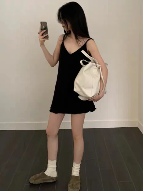 Korean Style Soft Wave Knit Strap Dress Women's Autumn Small Size Sleeveless Layered Short Skirt Dress Casual Streetwear
