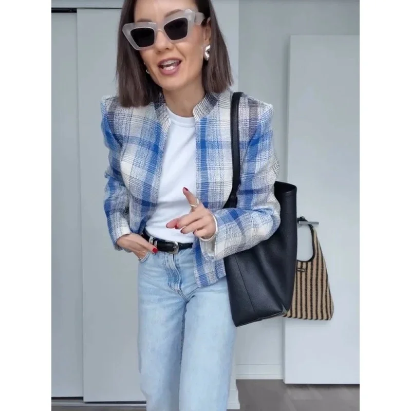 

Blue Plaid Tweed Short Jackets Women Casual Stand Collar Full Sleeves Open Front Cropped Coats 2026 Lady Commute Street Outwear