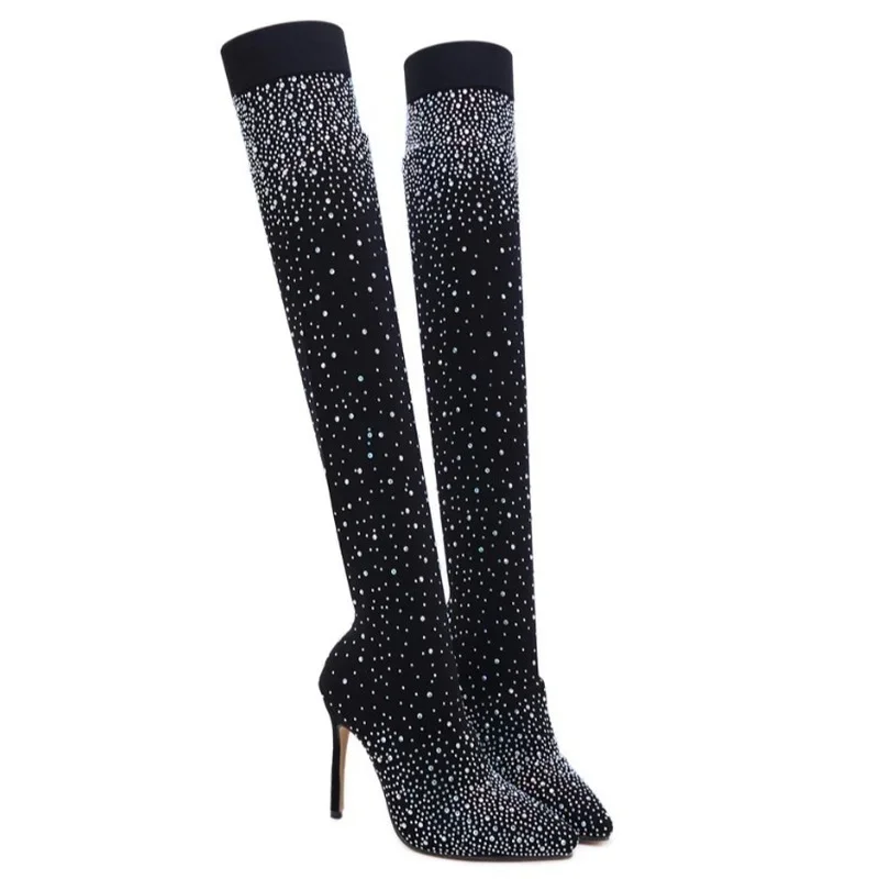 Stivali al ginocchio estivi scarpe da donna di lusso con strass a punta tacchi alti Sexy Plus Size 43 calzino alto alla coscia Botas De Mujer