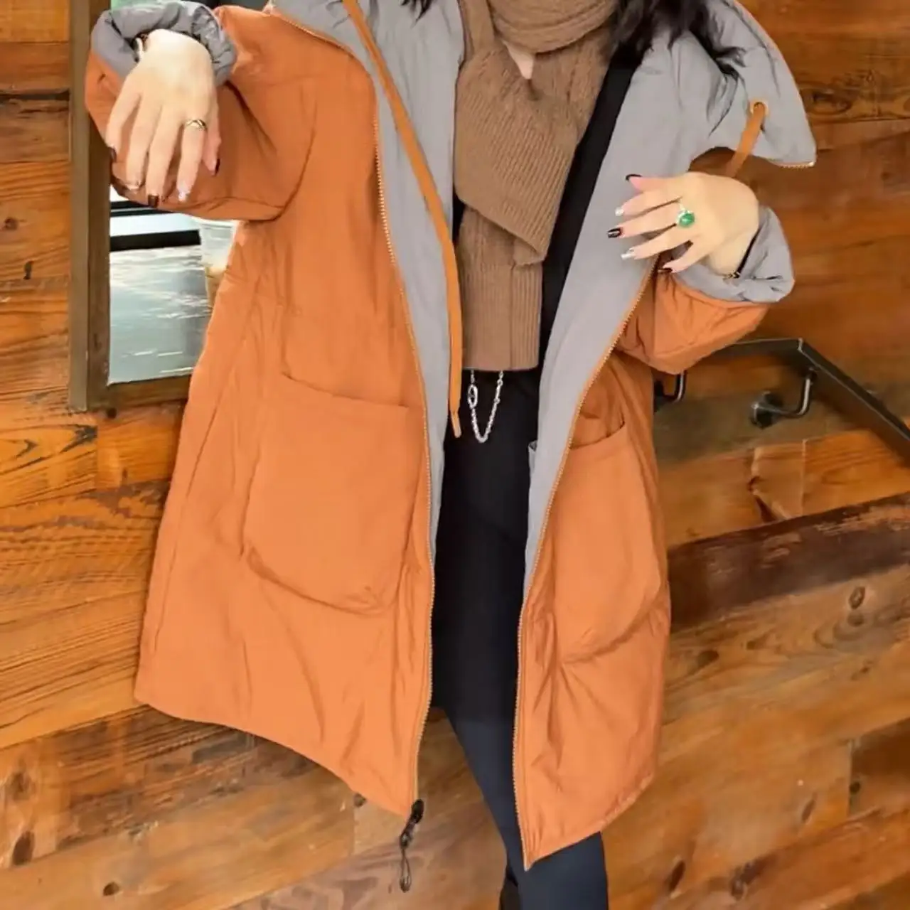 Wearing a Medium to Long Cotton Jacket on Both Sides for Women in the Winter of 2025, the New Fashionable and Warm Casual Hooded
