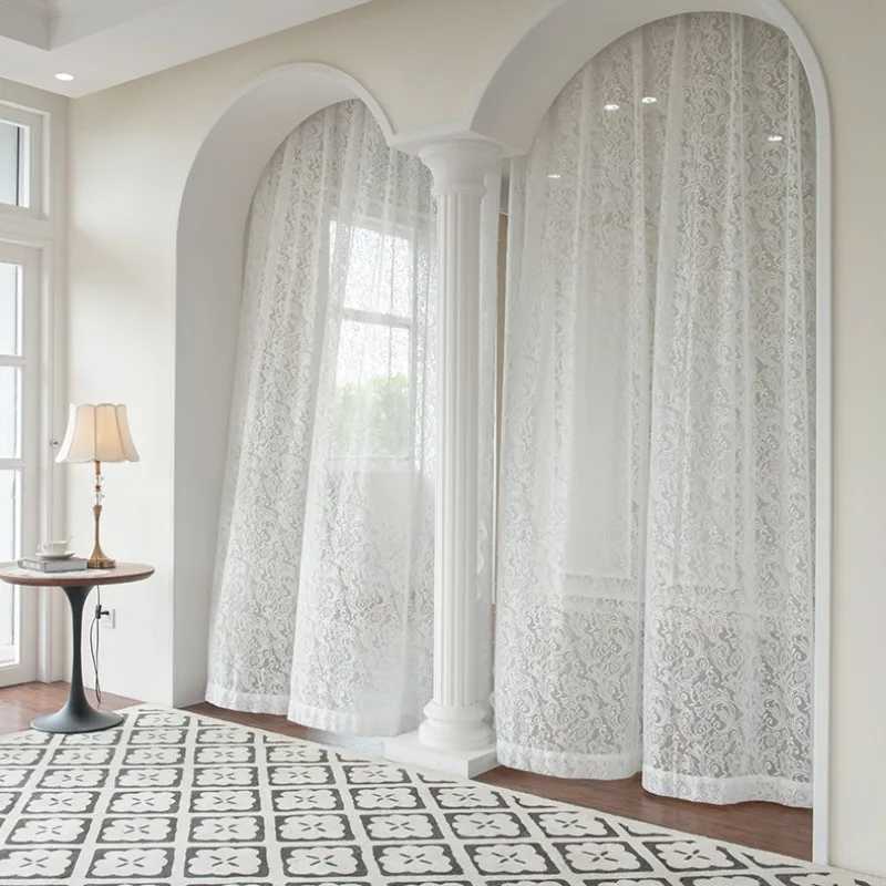 1PC Embroidery White Lace Tulle Curtains for Living Room Bedroom Bead Wave Yarn Transparent Chiffon Balcony Guaze Window