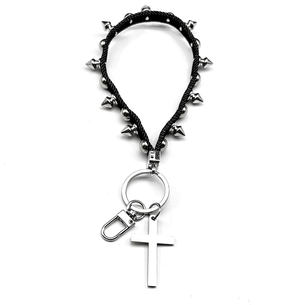 Neue Niet Leder Seil Kreuz Schlüsselbund Goth Kreative Punk Tasche Hängen Seil Geschenk Trendy Charme Christentum Schlüsselanhänger Schmuck – Detail 14