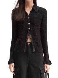 Spring Summer New Fashion classic Rib knitted Tops Women Commute All-match Sequin Decoration Turn-down collar Cardigan Ladies