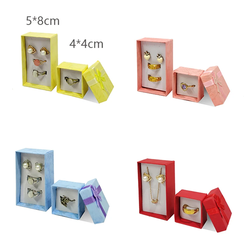 Paper Boxes Wholesale 4*4Cm and 5*8Cm Jewelry Packaging Case with Bow Ring Earring Necklace Storage Holder 24Pcs or 48Pcs