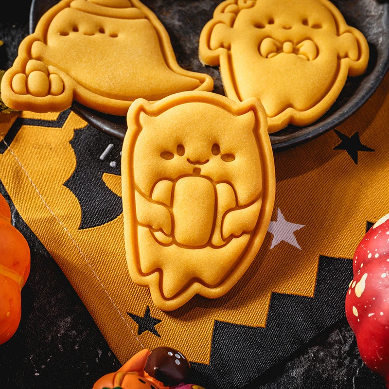 Cute Spooky Ghost Cookie Mold Halloween 3D Plastic Biscuit Mould Cartoon Ghost Cookies Press Mold Holiday Gift Baking Tools