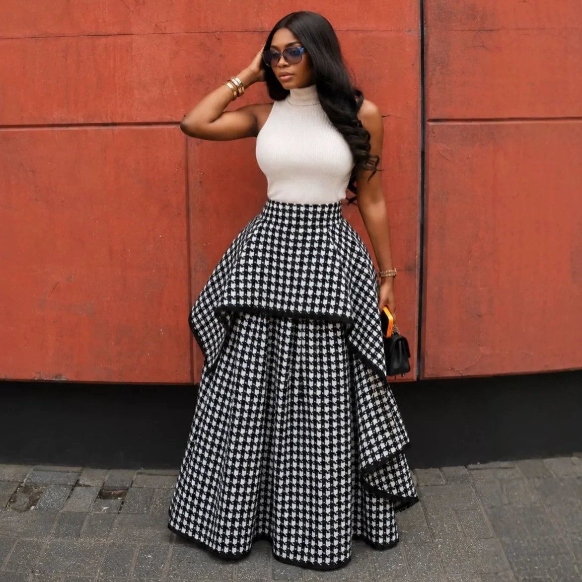 Houndstooth Maxi Skirt for Women High Waist Layered Ruffle Irregular Hem A Line Skirt Elegant Vintage Formal Tiered Maxi Skirt