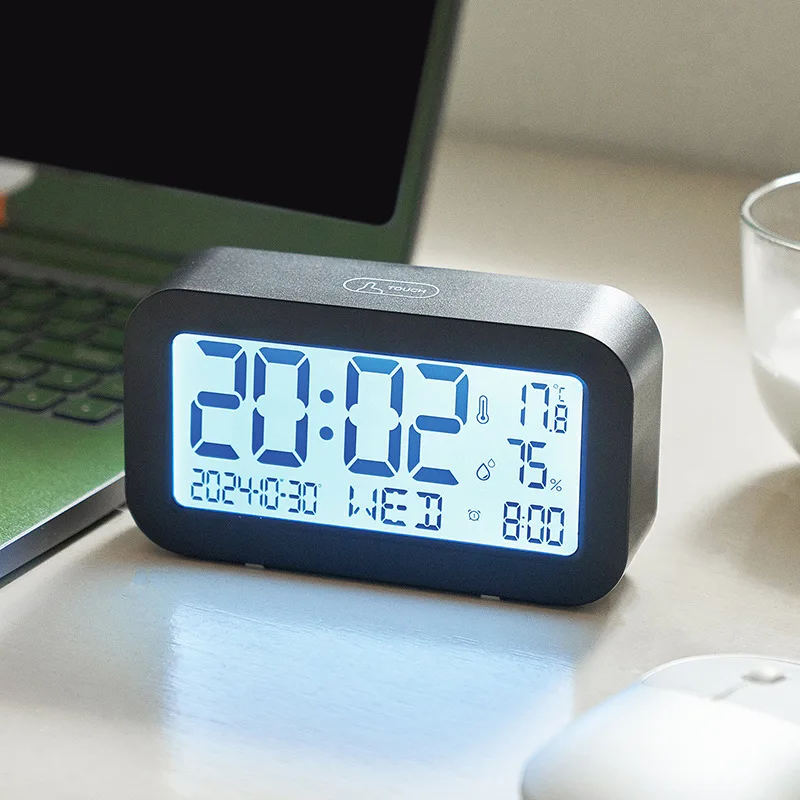 LCD Student Desk Clock with Alarm, Date/Time/Week, Temperature/Humidity, Touch Night Light Mini Slim Digital Clock for Table