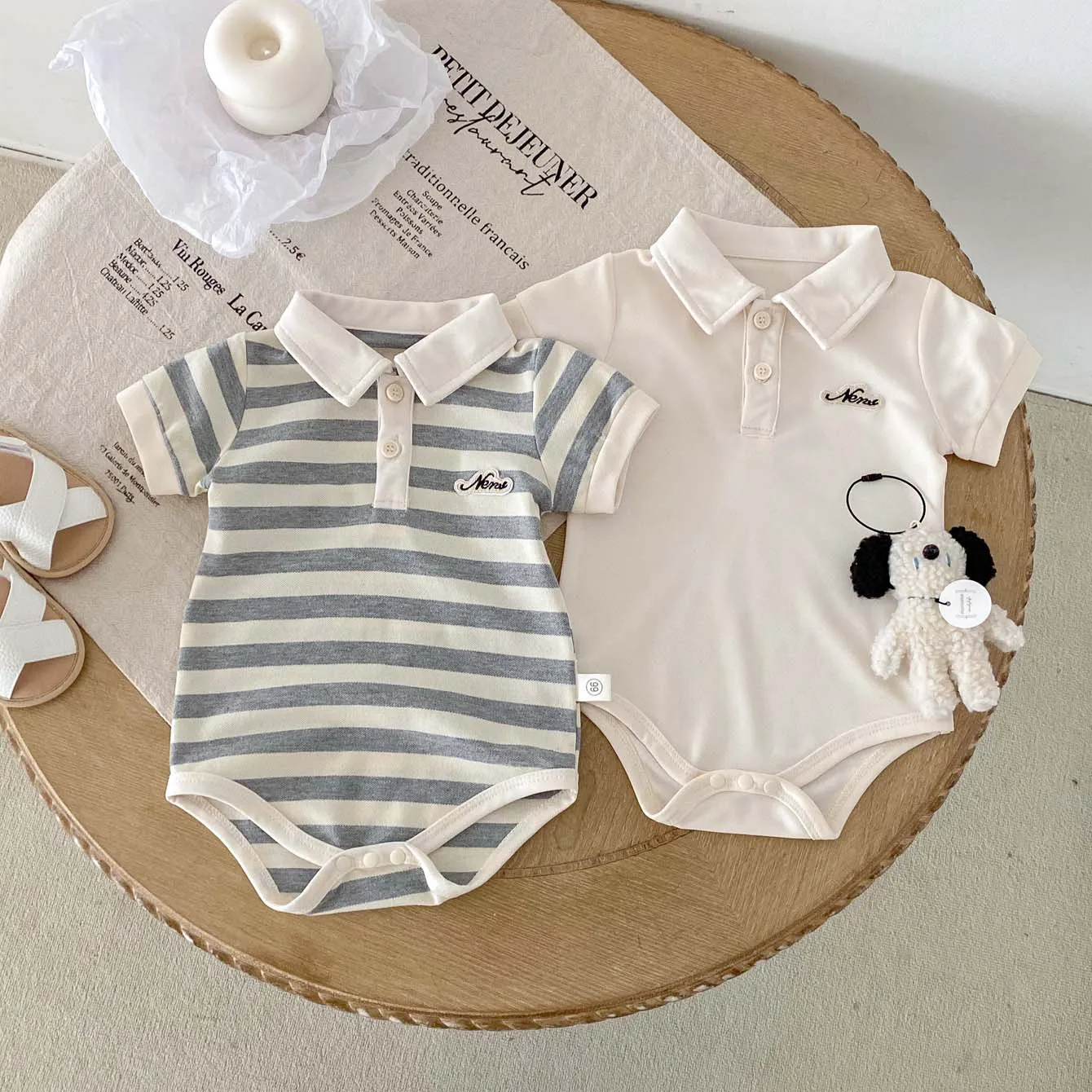2026 Summer Baby Boy Letter Embroidered Lapel jumpsuit, Baby Boy Fashion Striped jumpsuit, Perfect For Going Out