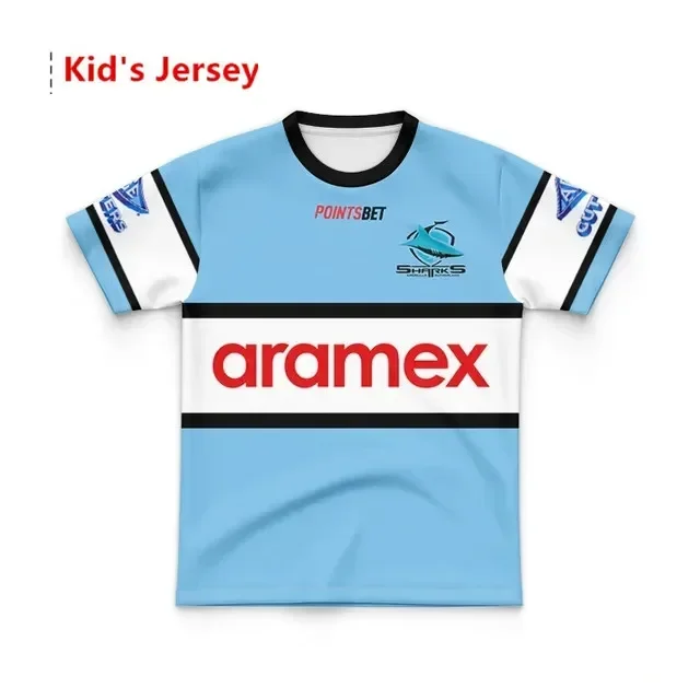 Anpassung 2023 Cronulla Sharks Kinder-Set, Kapuzenpullover, Mütze, Heim-/Auswärtstrikot, Größe: 16–26 (Drucken Sie individuelle Namensnummer auf)