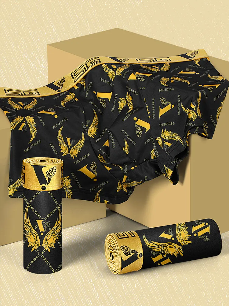 4PCS summer ice silk thin quick-drying black gold chain gold wings eagle gold men\'s underwear short boxer briefs with gift box