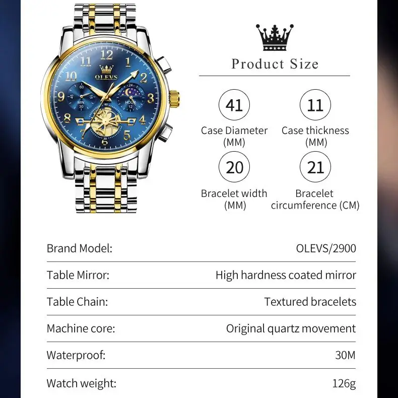 OLEVS-Relógio de pulso de quartzo impermeável de aço inoxidável masculino, fase da lua, moda luminosa, esqueleto cronógrafo, novo, 2900