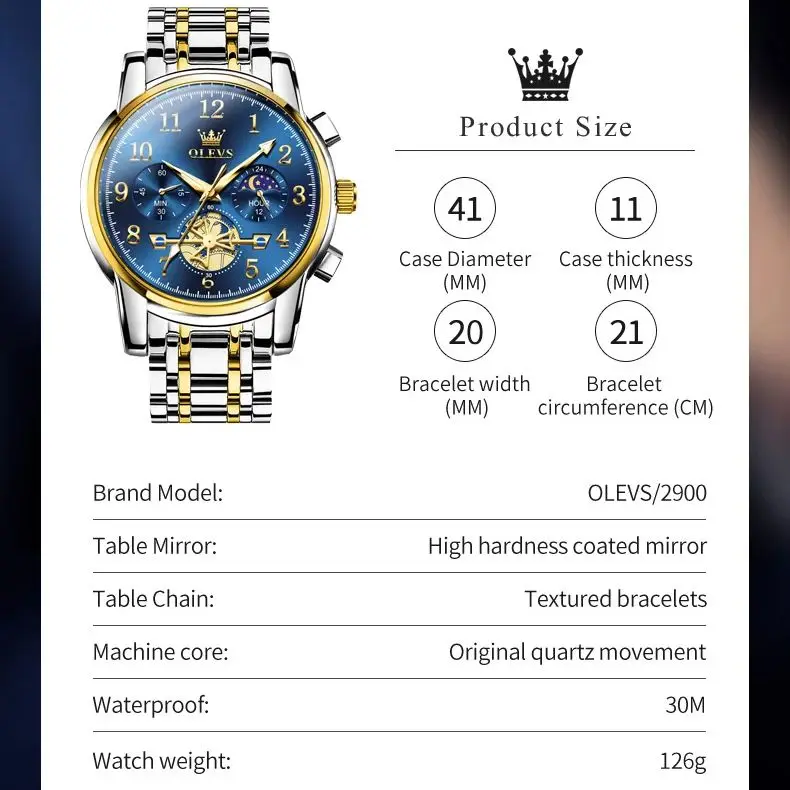 OLEVS 2900 Moon Phase Watch Men acciaio inossidabile Waterpoof luminoso Fashion Skeleton cronografo orologio da polso al quarzo per uomo nuovo