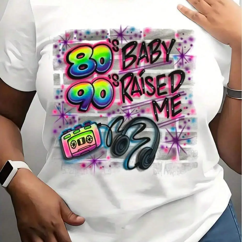 Large Size Women s T-Shirt 0XL-5XLWomen s T-Shirt With 80s 90s Raised Me Retro Pop Art Print, Neon Colors And Cassette Tape Design, Perfect For 9