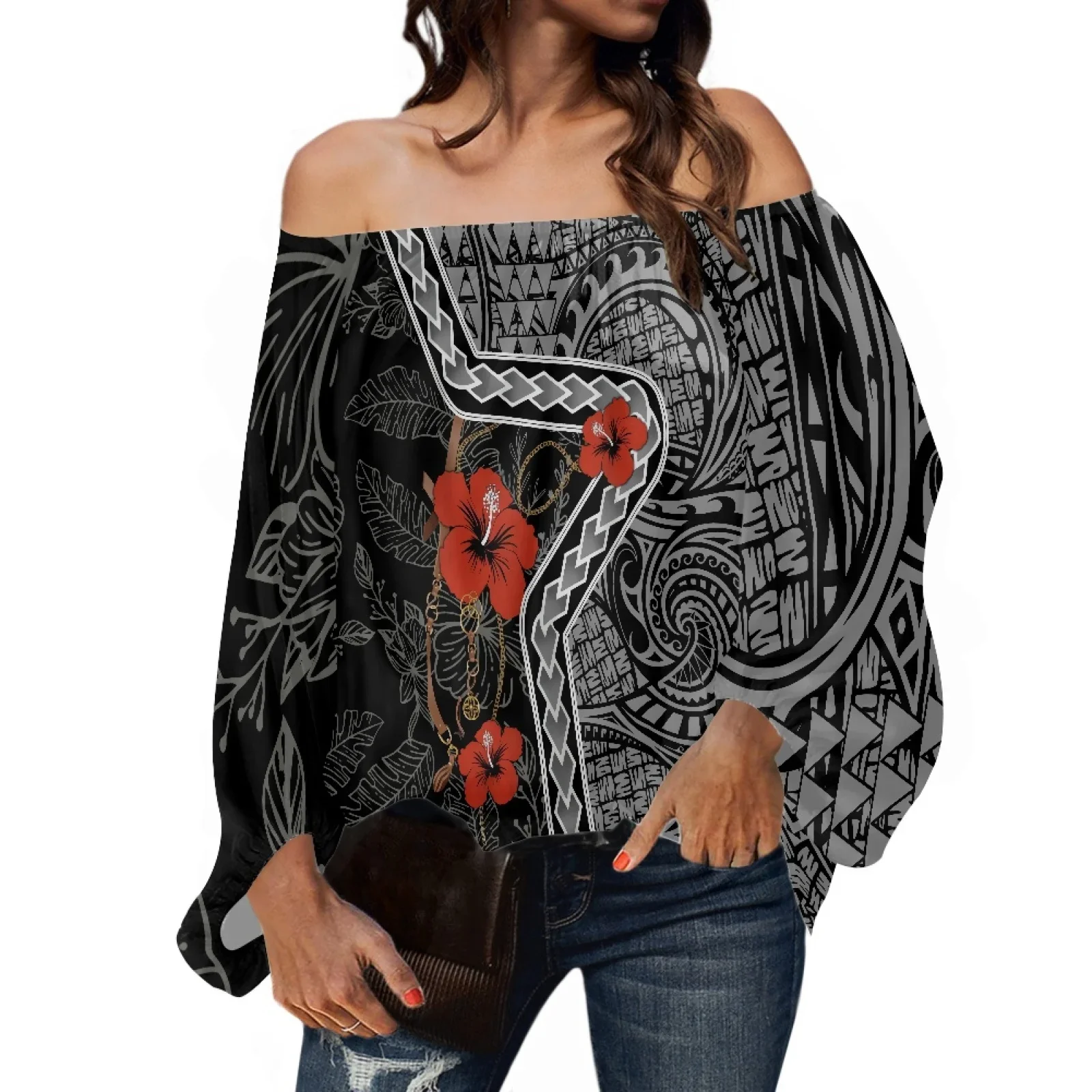 Polynesian Tribal Samoan Totem Tattoo Print Off Shoulder Women Shirt, One Shoulder Long Sheelves, Chiffon Tops, Autumn Wear