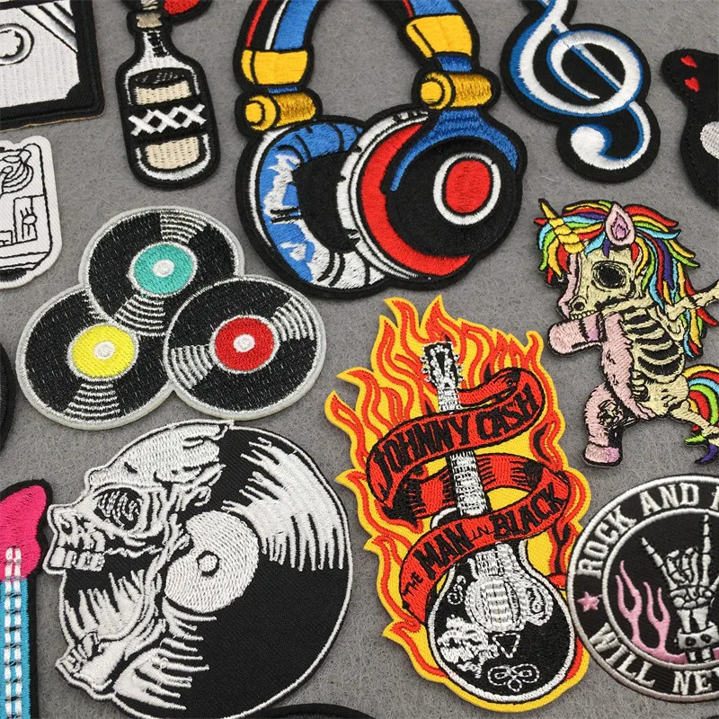 Flame Guitar Rock Embroidered Patches on Clothes Music Disco Headset DJ Punk Stripes Iron on Patches for Clothing Diy Appliques