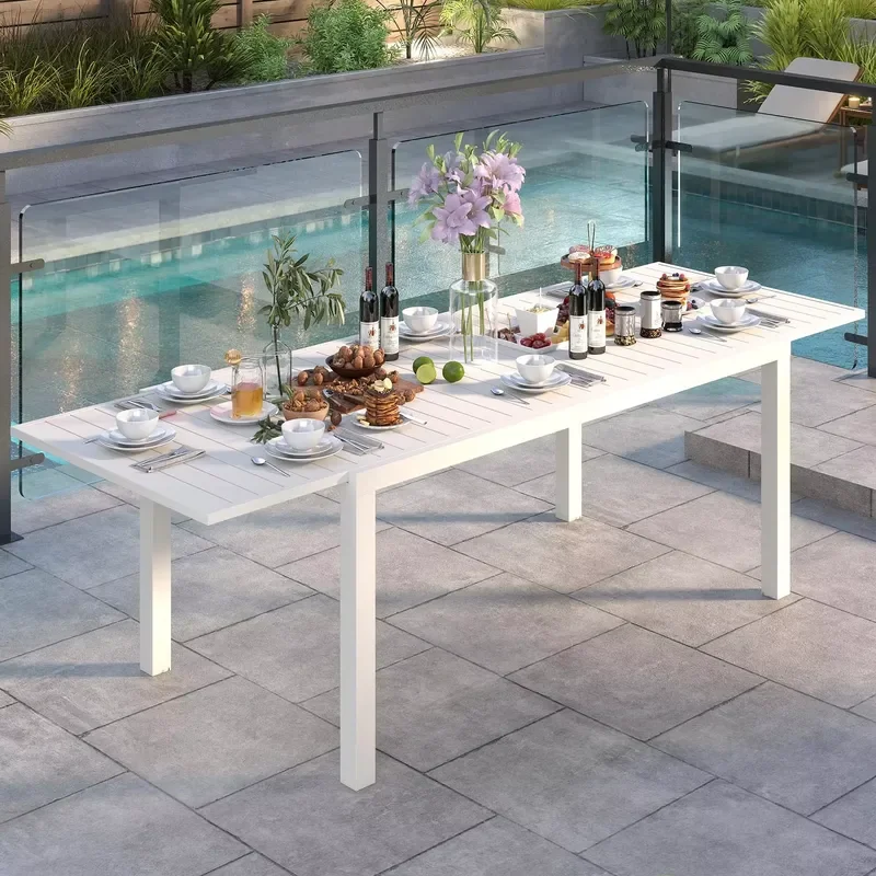 White 6-8 Seat Outdoor Extendable Dining Table Aluminum Expandable Kitchen Table with Umbrella Hole Space-Saving Design