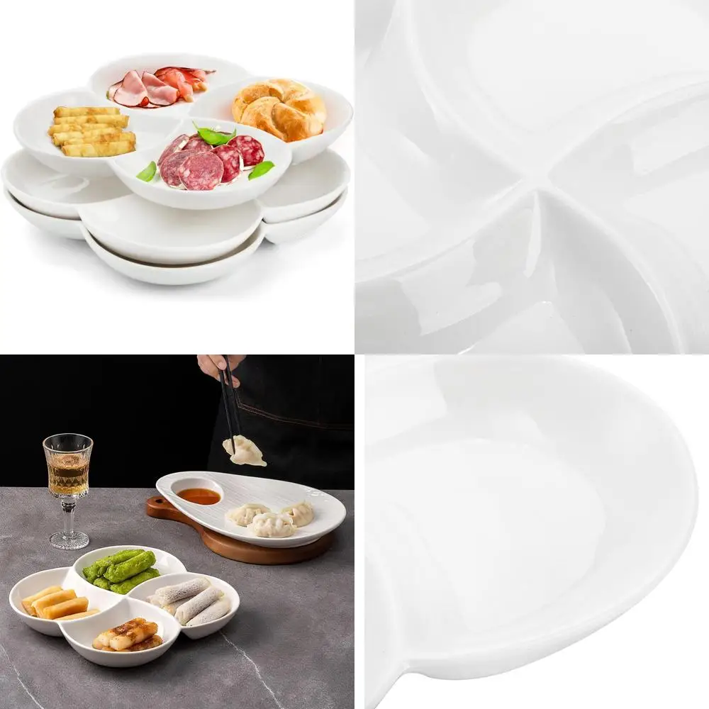 

set of 3 porcelain appetizer platter with 4 compartment, flower-shaped candy and nut serving tray snack serving plate dishes fo
