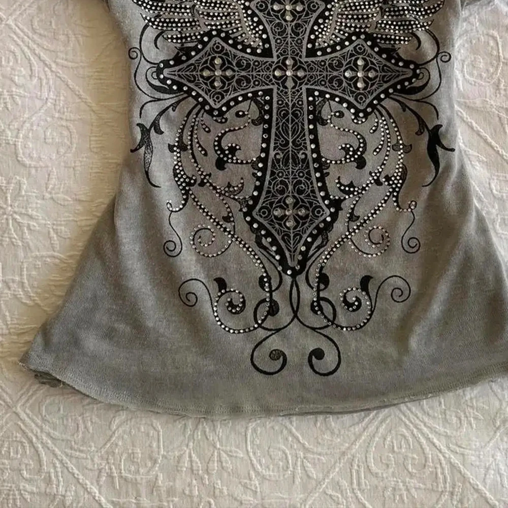 Grey rhinestone print, exuding outstanding elegance, featuring a slim-fitting cut, Gothic-punk Y2K style women's clothing, Ameri