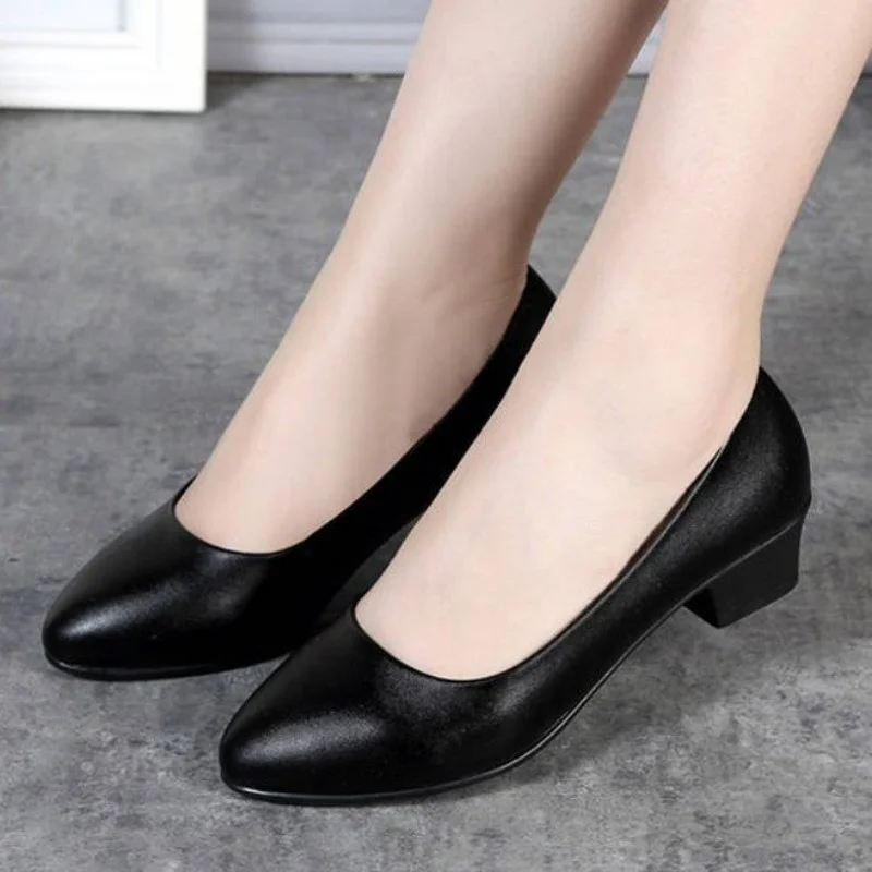 Women\'s High Heels 2022 New Fashion Single Shoes Female Shallow Mouth Work Shoes Women Black Leather Shoes Chunky Heel