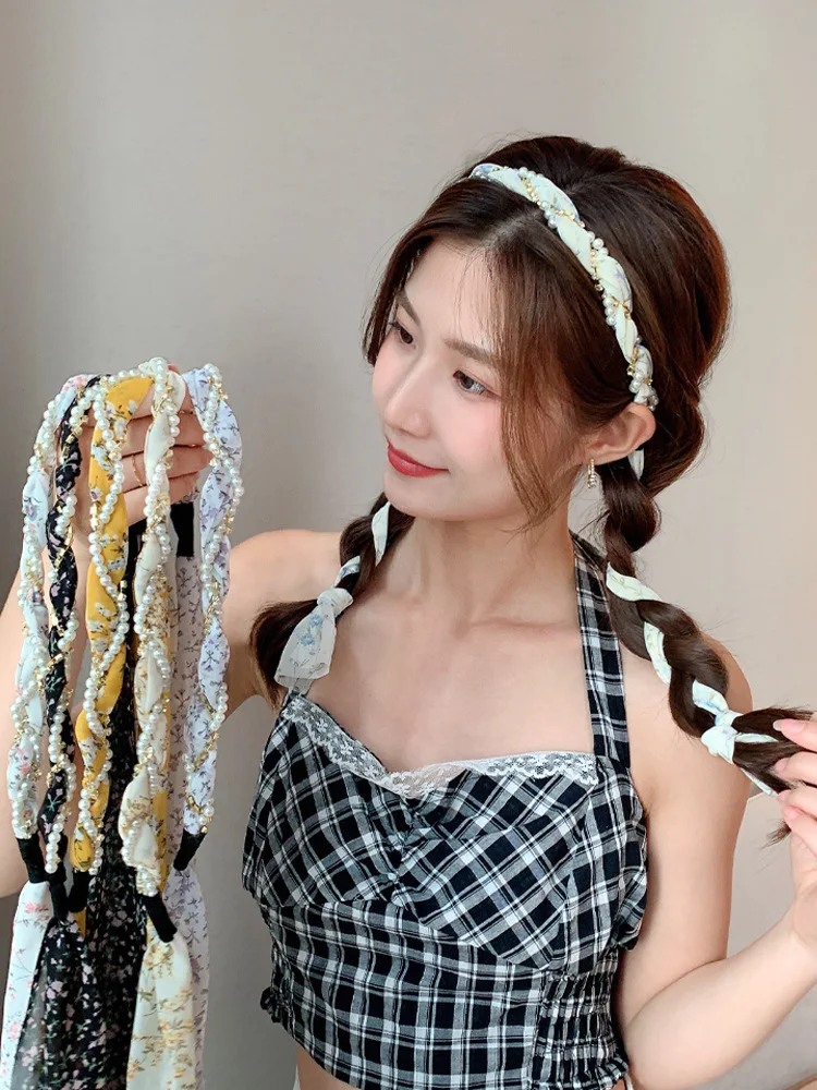 Mode Zomer Bloemen Haarlint Hoofdbanden voor Vrouwen Franse Steentjes Parel Weave Lange Kwast Haarbanden Hoofddeksels