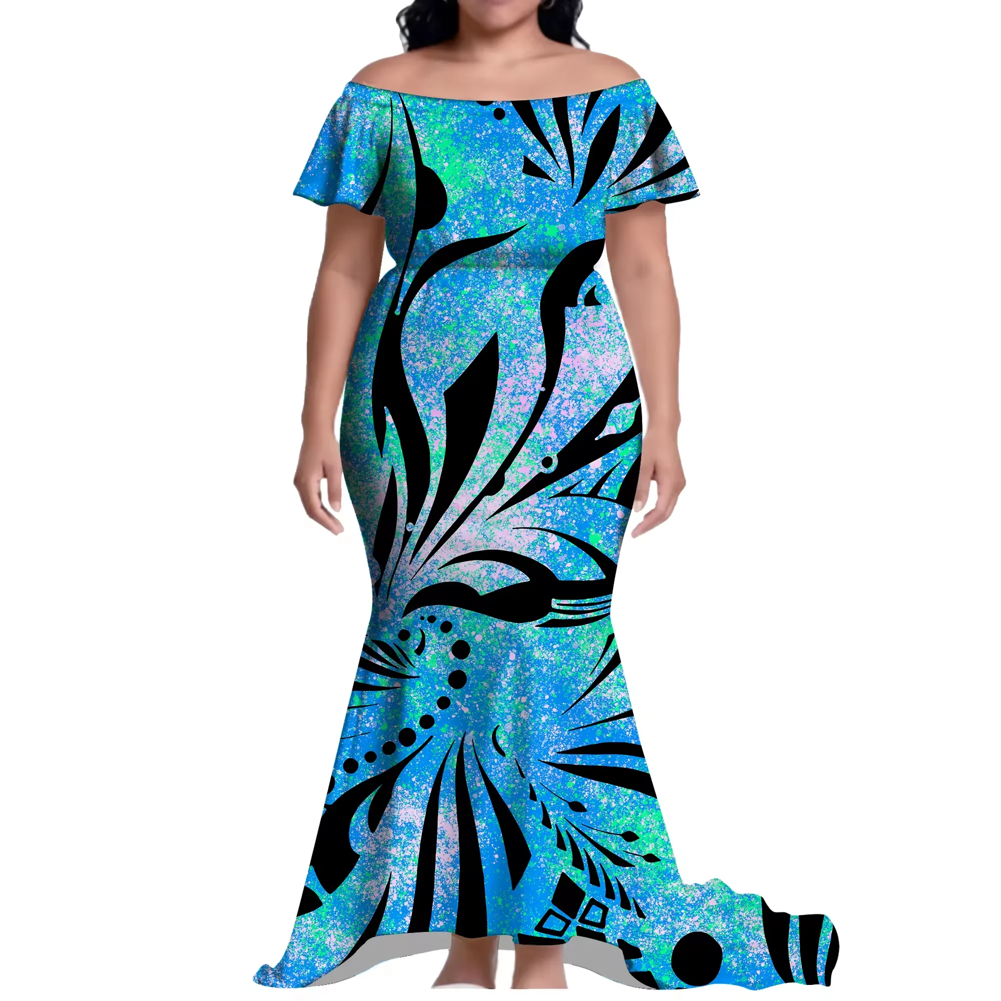 Factory Custom Polyensian Ladies off the Shoulder Short Sleeve Dress Tribal Floor Length Dress Plus Size Samoan Dress