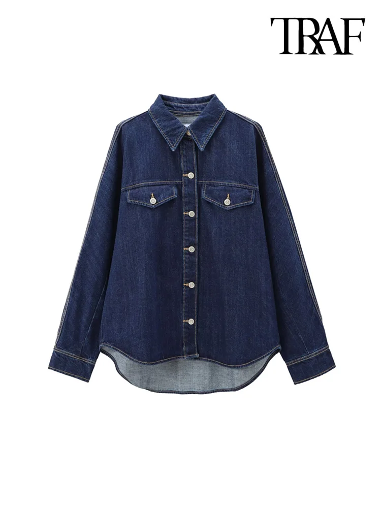 TRAF-Oversized Denim Shirts with Pockets for Women, Long Sleeve, Button-up, Female Blouses, Chic Tops, Fashion