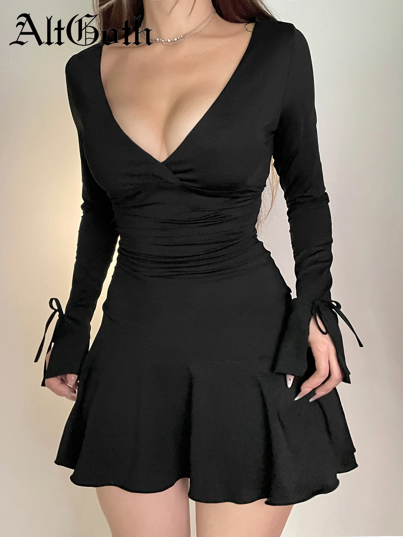 

AltGoth Aesthetic Fairycore Dress Women Soft Goth Elegant Sexy V-neck Long Sleeve High Waist Dress Coquette Evening Party Dress