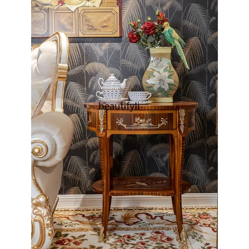 

A44 French Luxury Oval One Bucket Double Layer Hand Drawn Flowers and Birds Wood Color Painted Mini Corner Table