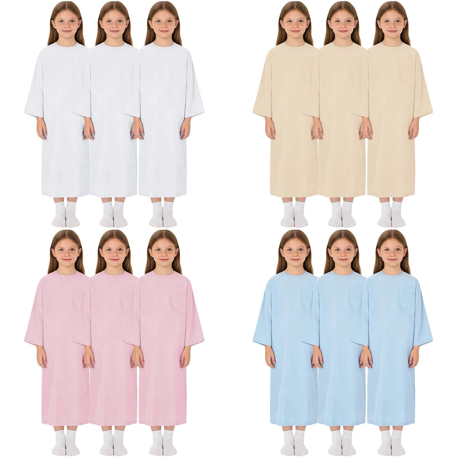 Kids Special Needs Adaptive Clothing Long Sleeve Split Hook-and-Loop Nursing Gown with Pocket for Pediatric Medical Patient 3pcs