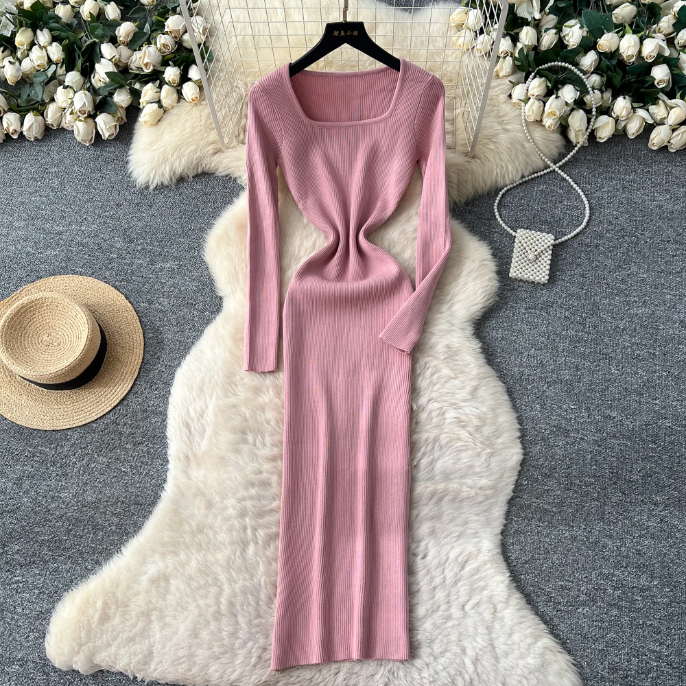 حقيقي الخريف الشتاء الجانب سبليت المرأة محبوك التفاف فساتين الصلبة طويلة الأكمام ساحة طوق أسفل غمد فستان رصاص الإناث