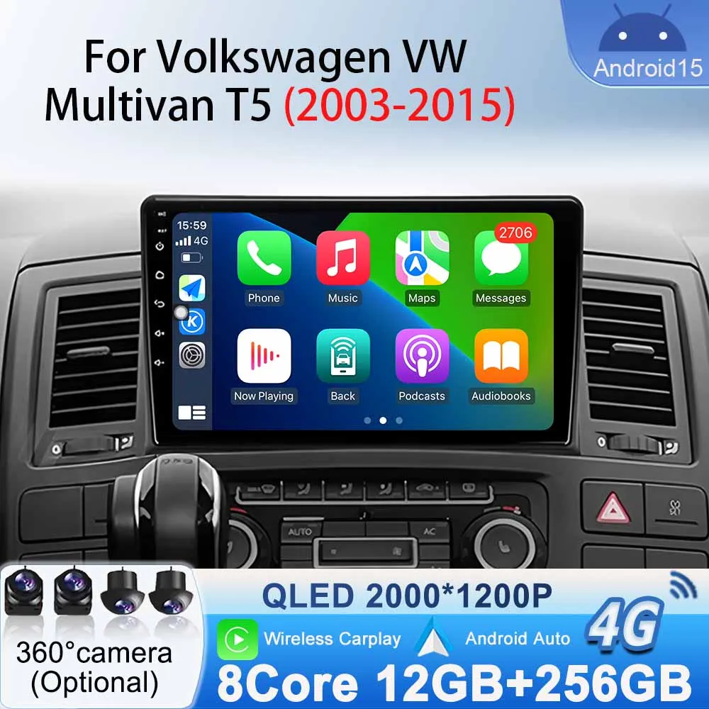 For Volkswagen VW Multivan T5 2003 - 2015 Car Radio Stereo GPS Navigation Android 15 WiFi Multimedia Player Carplay Android Auto