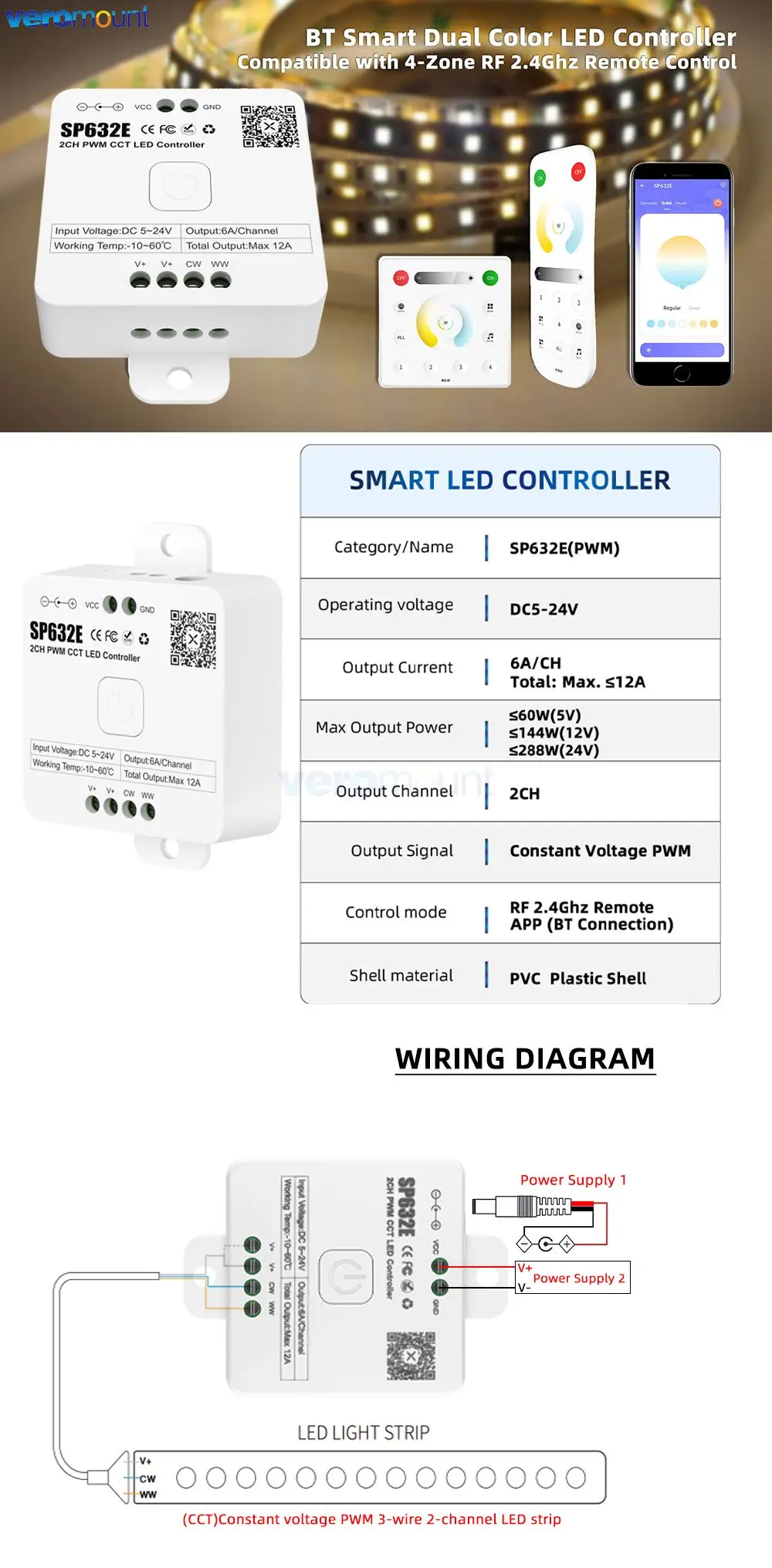 SP631E SP632E SP635E PWM kontroler LED 2.4G dla DIM CCT RGB RGBW RGBCCT BT muzyka aplikacja głosowa 5050 FCOB LED listwa oświetleniowa DC5V-24V