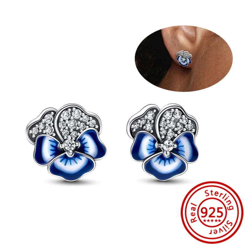 New 925 Sterling Silver Blue Zircon Flowers Butterfly Infinite Heart Love Sparkling Stud Earrings Women Girl Fine Charm Jewelry